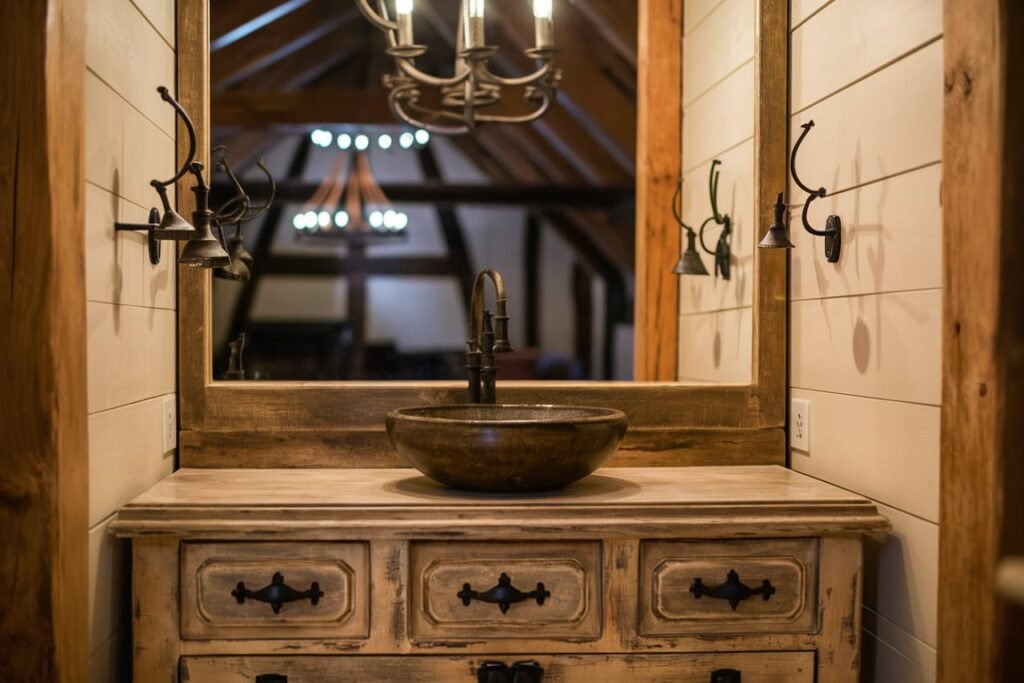 Distressed Wood Vanity with Iron Fixtures

