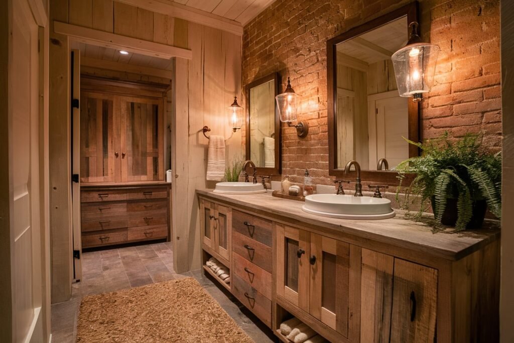 Dual-Sink Vanity with Reclaimed Wood Cabinetry
