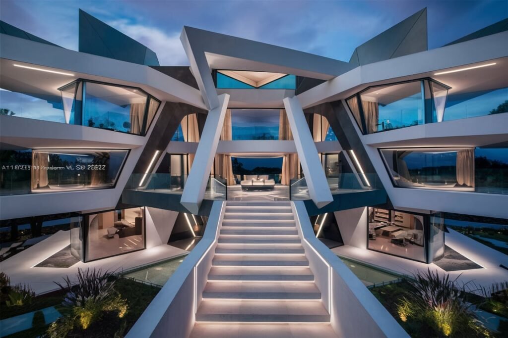 2. Futuristic Home with Bold Geometric Architecture
