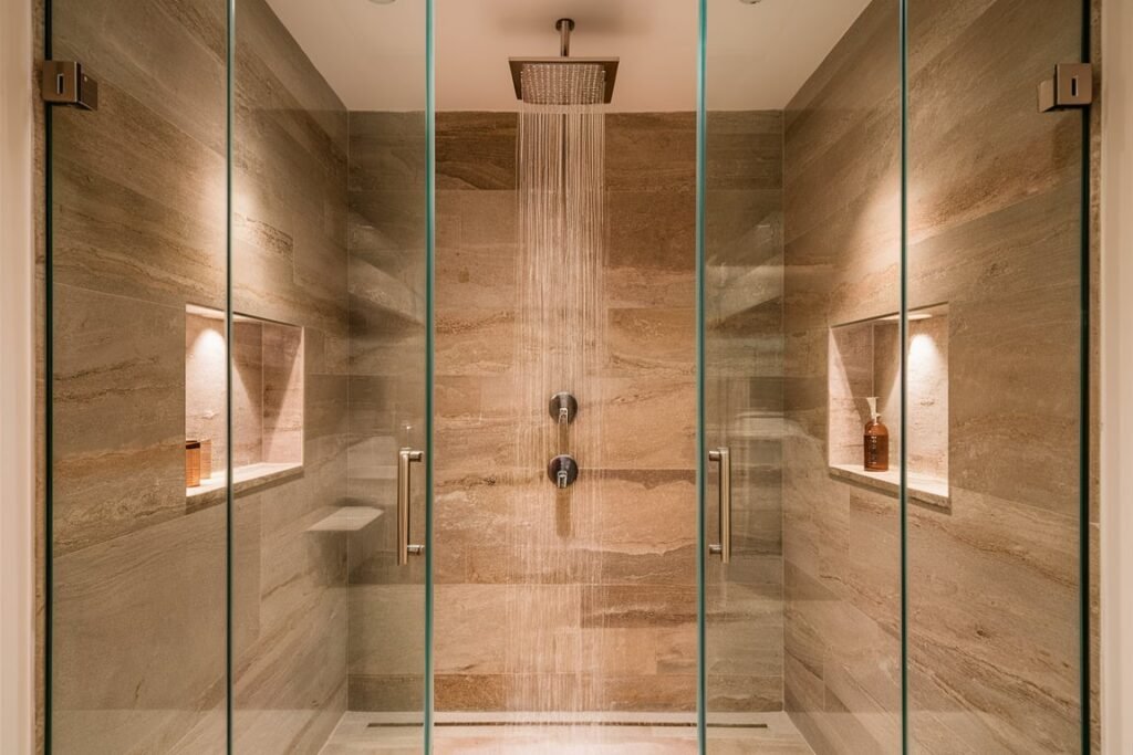 Glass-Enclosed Shower with Stone Accents