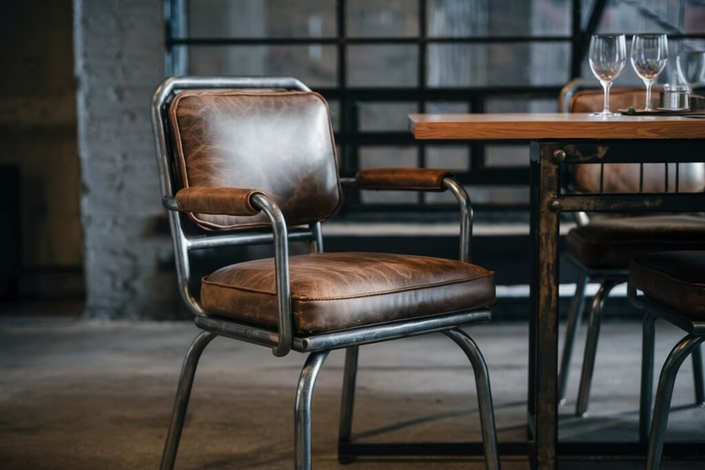  Industrial Dining Chair with Leather Upholstery
