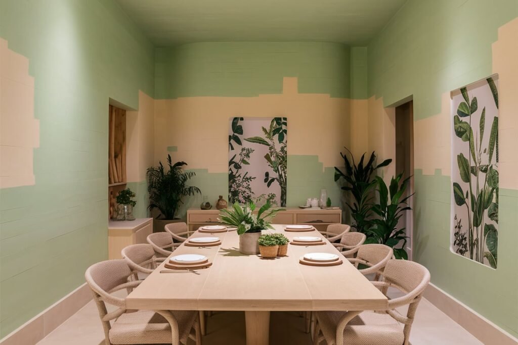 Pastel Green and Beige Dining Room
