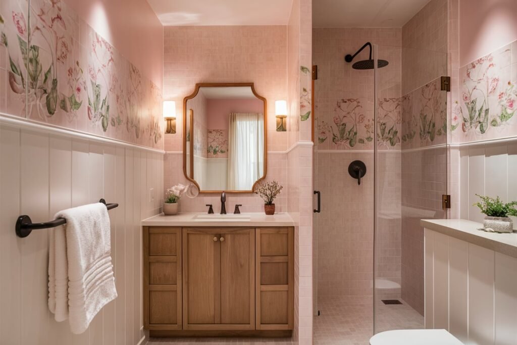 Pastel Pink and Wood Bathroom
