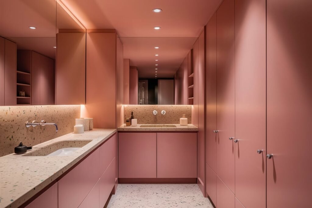 Powder Pink Bathroom with Terrazzo Accents
