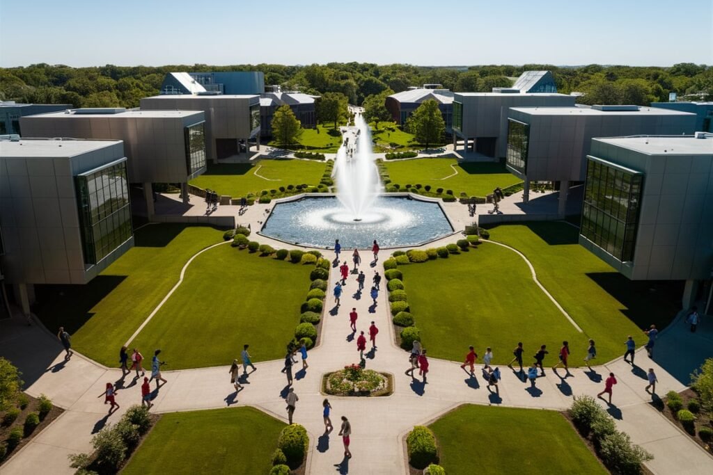 Sprawling Campus with Central Fountain