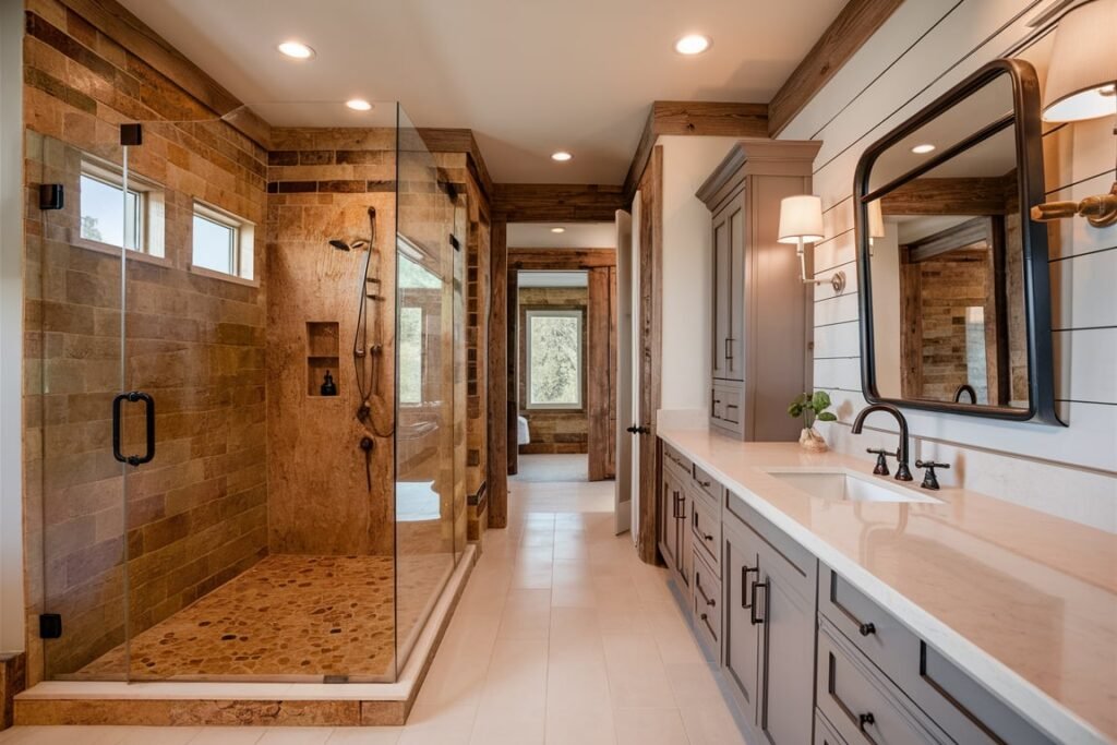 Walk-In Shower with Rustic Wood Accents
