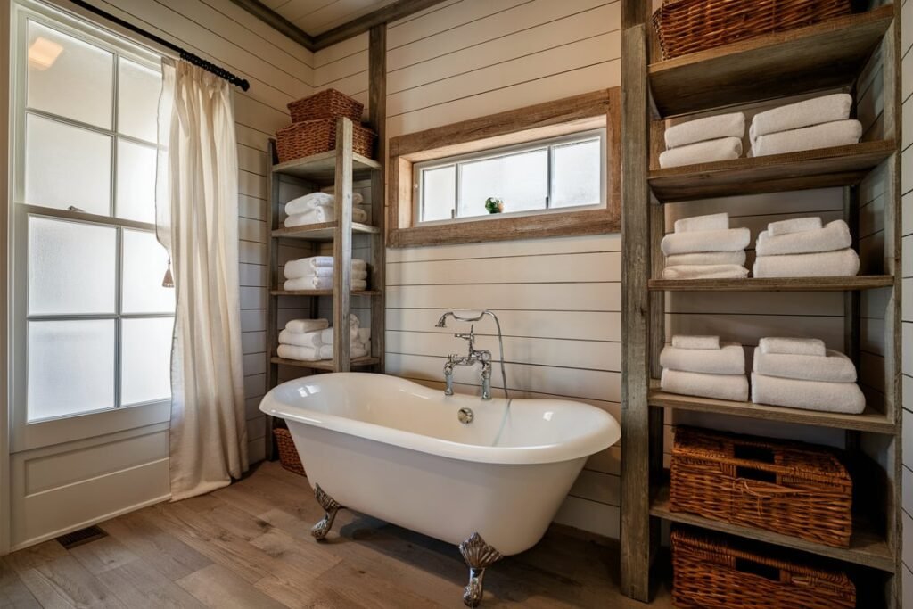 Cozy Farmhouse Bathroom with Shiplap Walls
