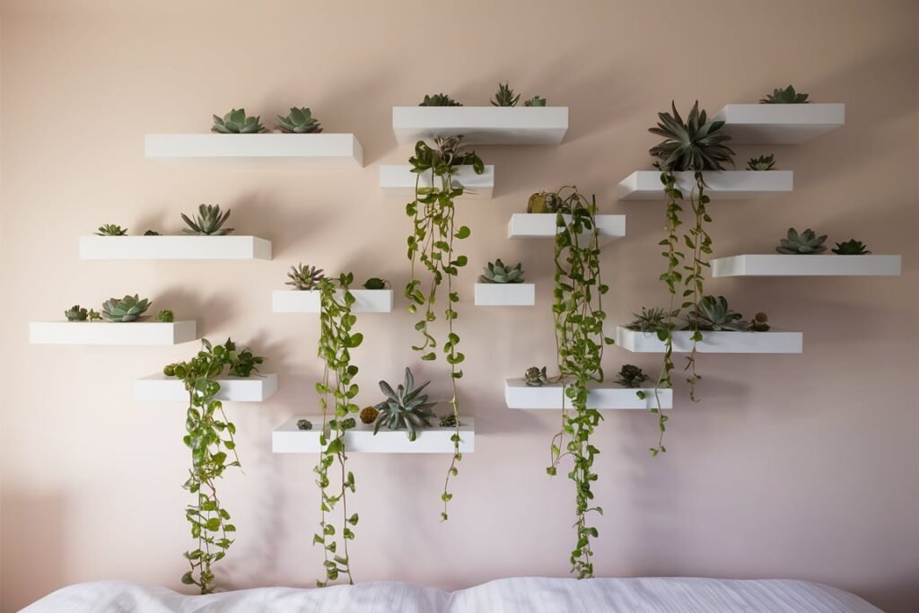 Asymmetrical White Shelves with Succulents
