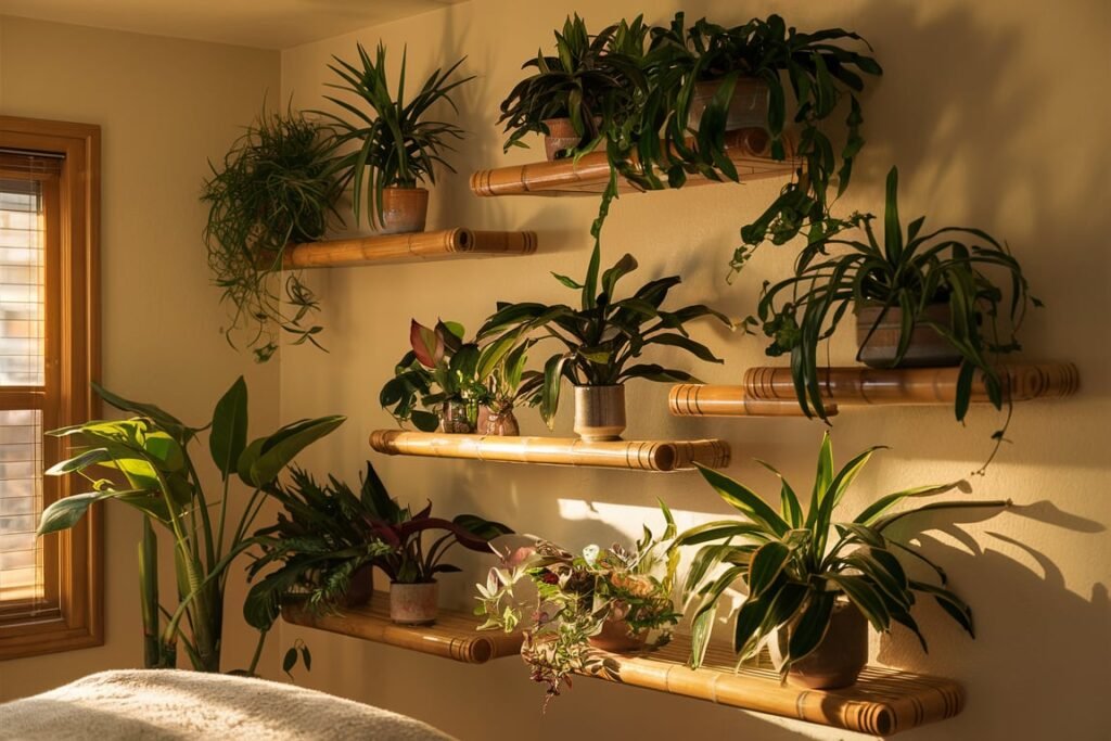 Bamboo Shelves with Tropical Plants
