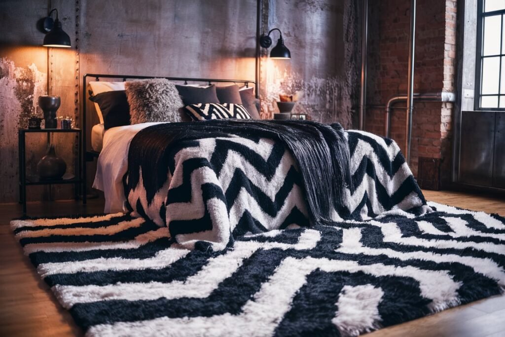 Black and White Chevron Shag Rug for Industrial Style