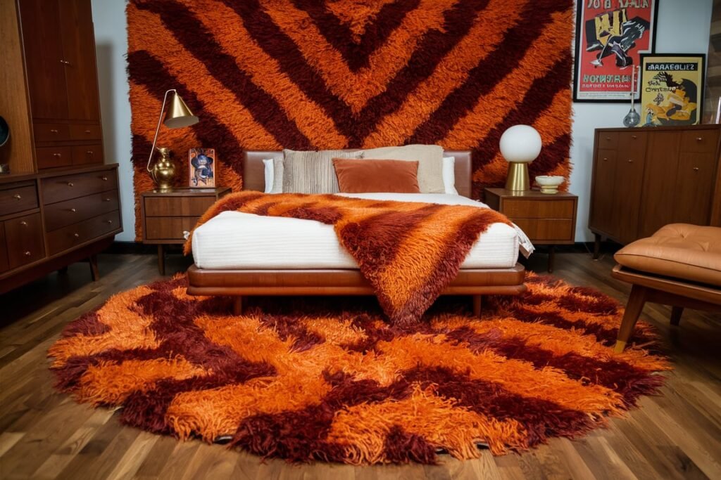 Burnt Orange Shag Rug for Mid-Century Charm
