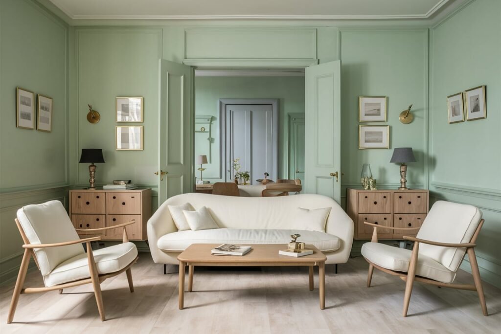 Chic Pastel Green and Cream Living Room with Gold Accents