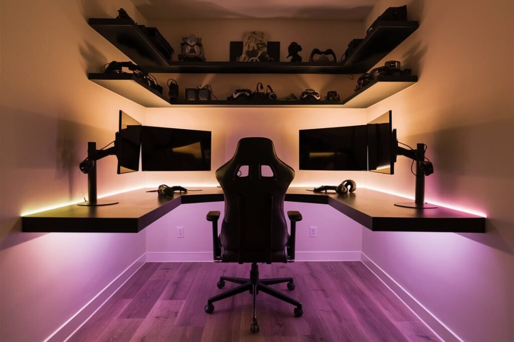 Cozy Gaming Nook with Floating Shelves
