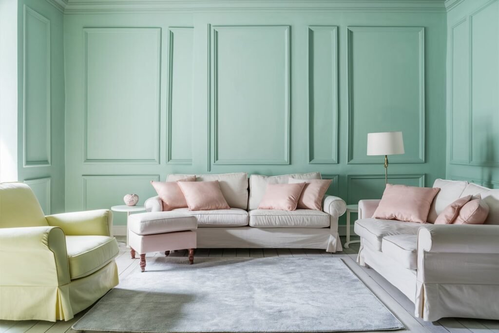 Cozy Mint Green and Blush Pink Pastel Living Room