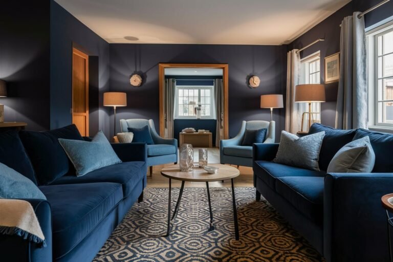 Cozy Navy Blue Living Room with Velvet Accents