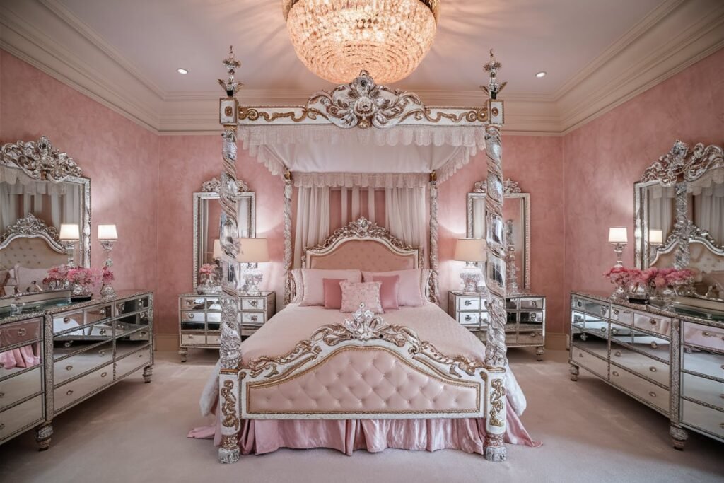 Crystal Four-Poster Bed and Blush Pink Walls
