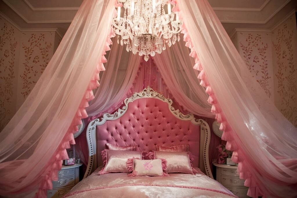 Dreamy Canopy Bed with Chandelier Elegance

