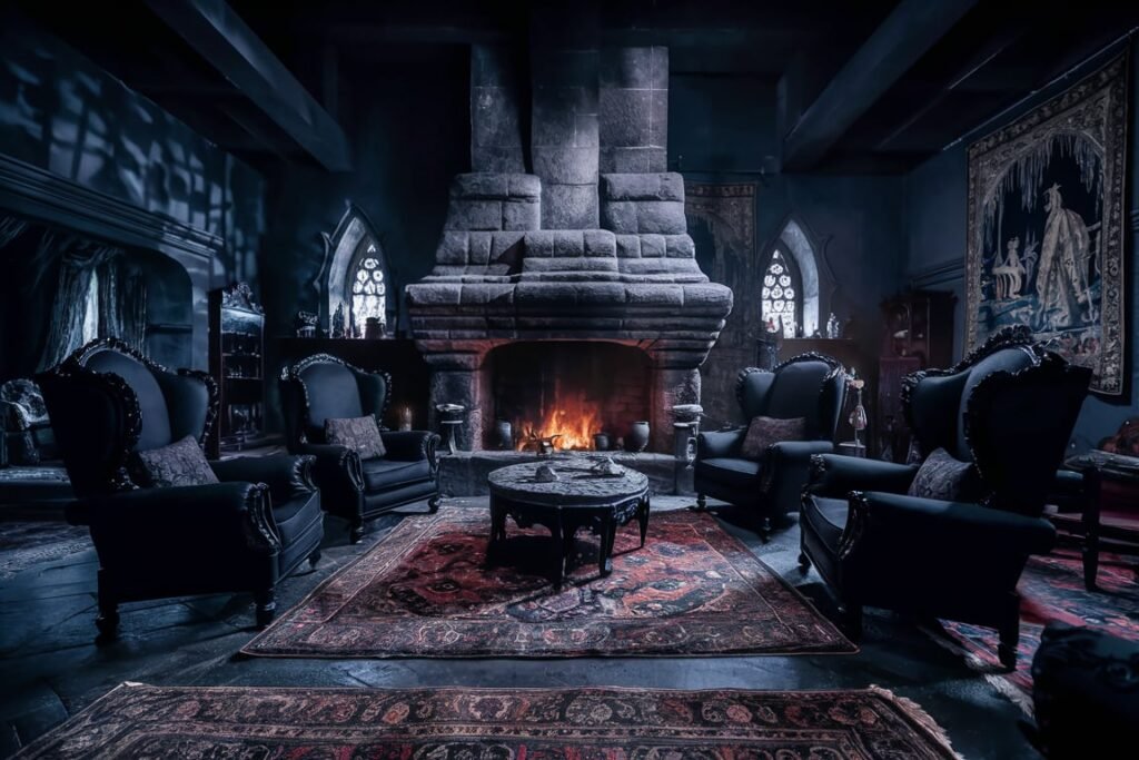 Eclectic Gothic Living Room with Victorian and Medieval Influence