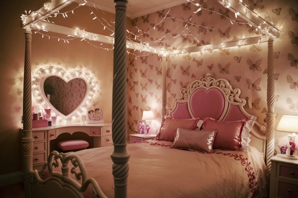 Four-Poster Bed with Butterfly Wallpaper