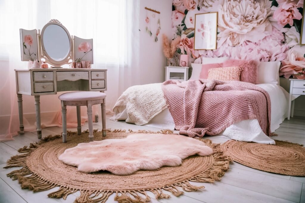 Frayed Jute and Blush Pink Faux Fur for Vanity Areas