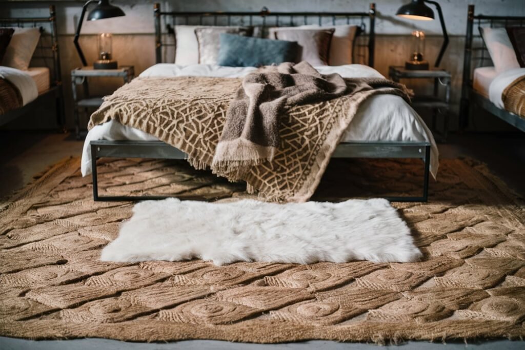 Geometric Jute Rug with White Faux Fur Accent