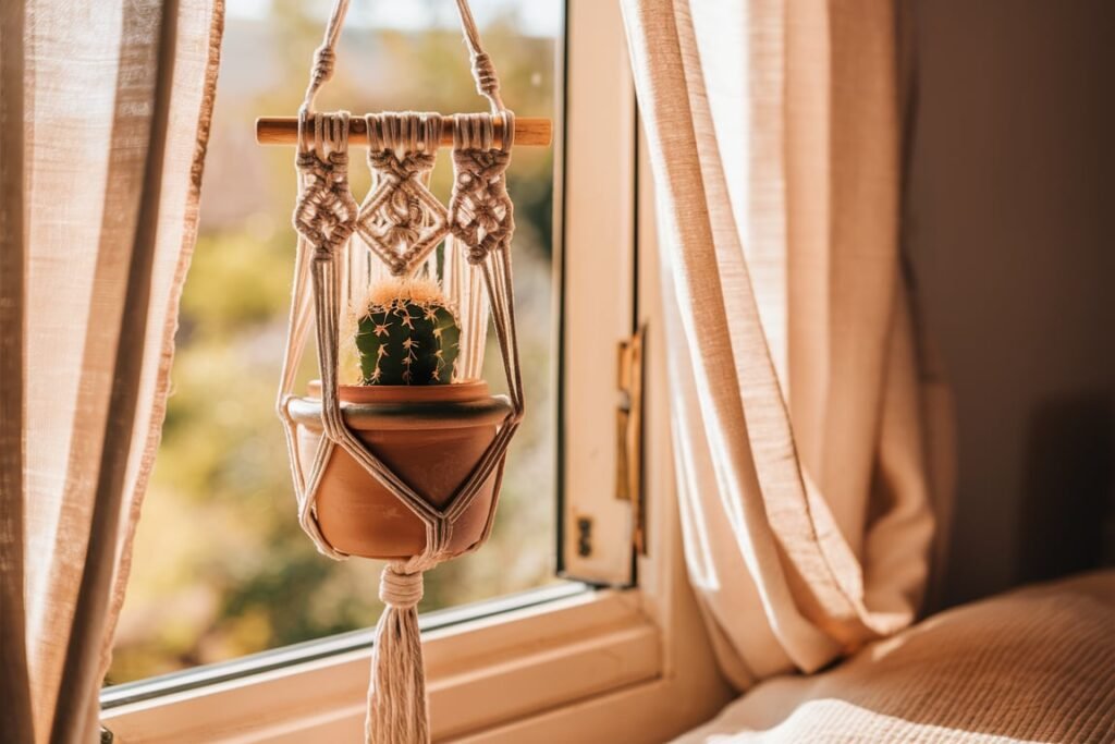 Geometric Macramé Planter with Cactus
