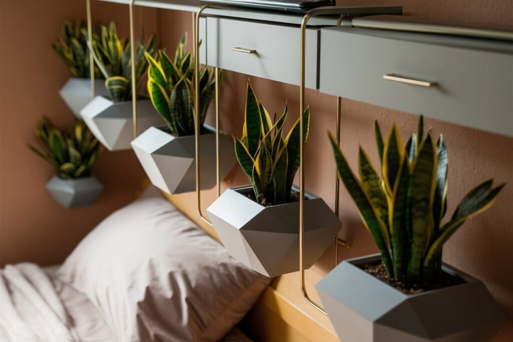 Geometric Planters with Snake Plants for Compact Bedrooms
