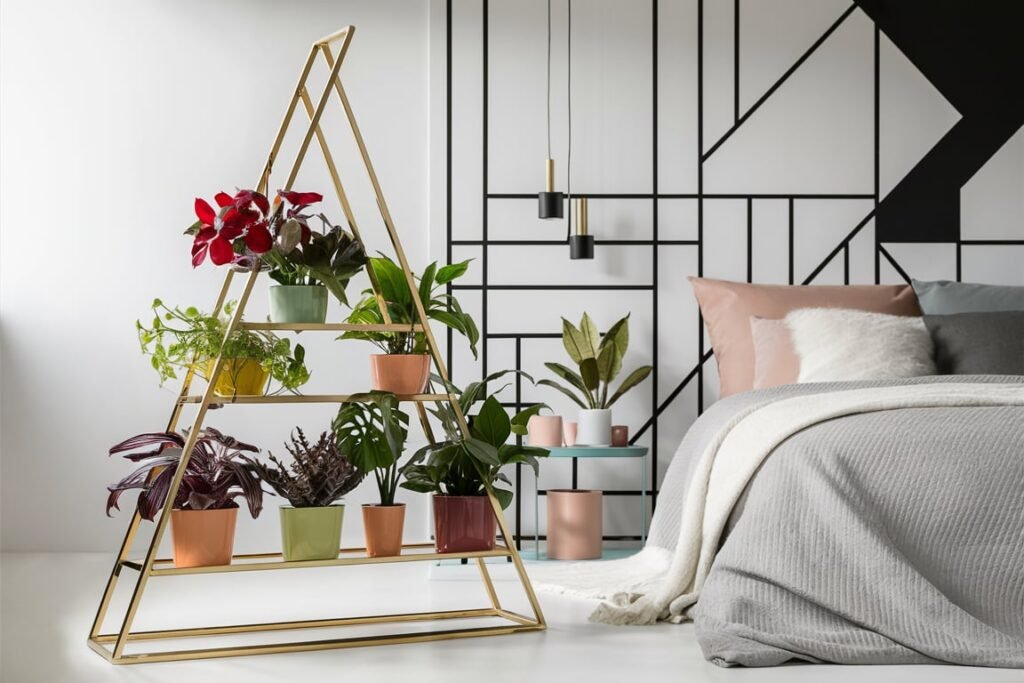 Gold Triangular Plant Stand for Modern Bedrooms