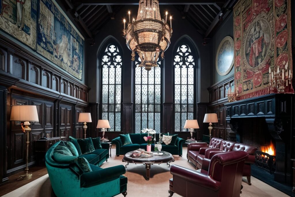 Gothic Living Room with Dark Wood Paneling and Plush Furniture