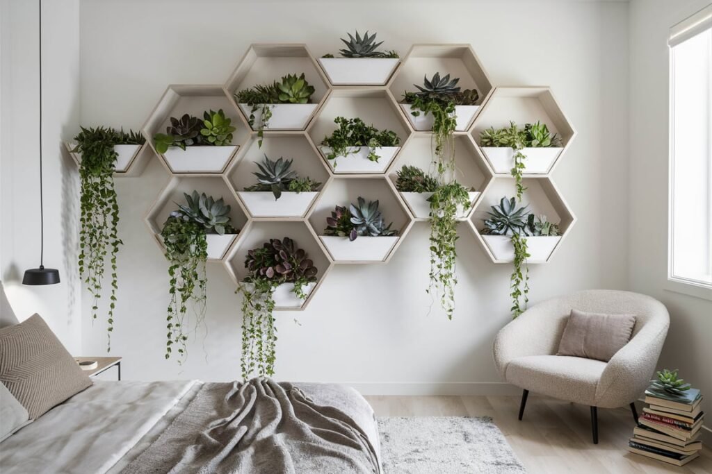 Hexagonal Shelves with Geometric Plant Display
