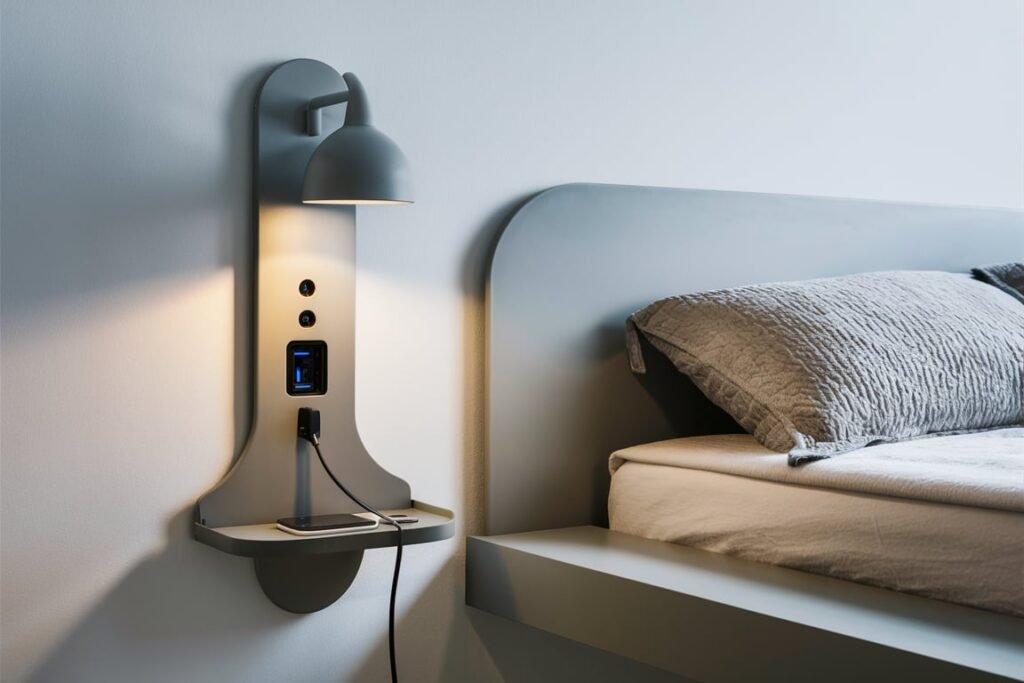 High-Tech Sconce with USB Ports and Shelf