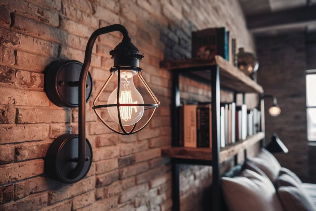 Industrial Sconce with Rustic Wooden Shelf
