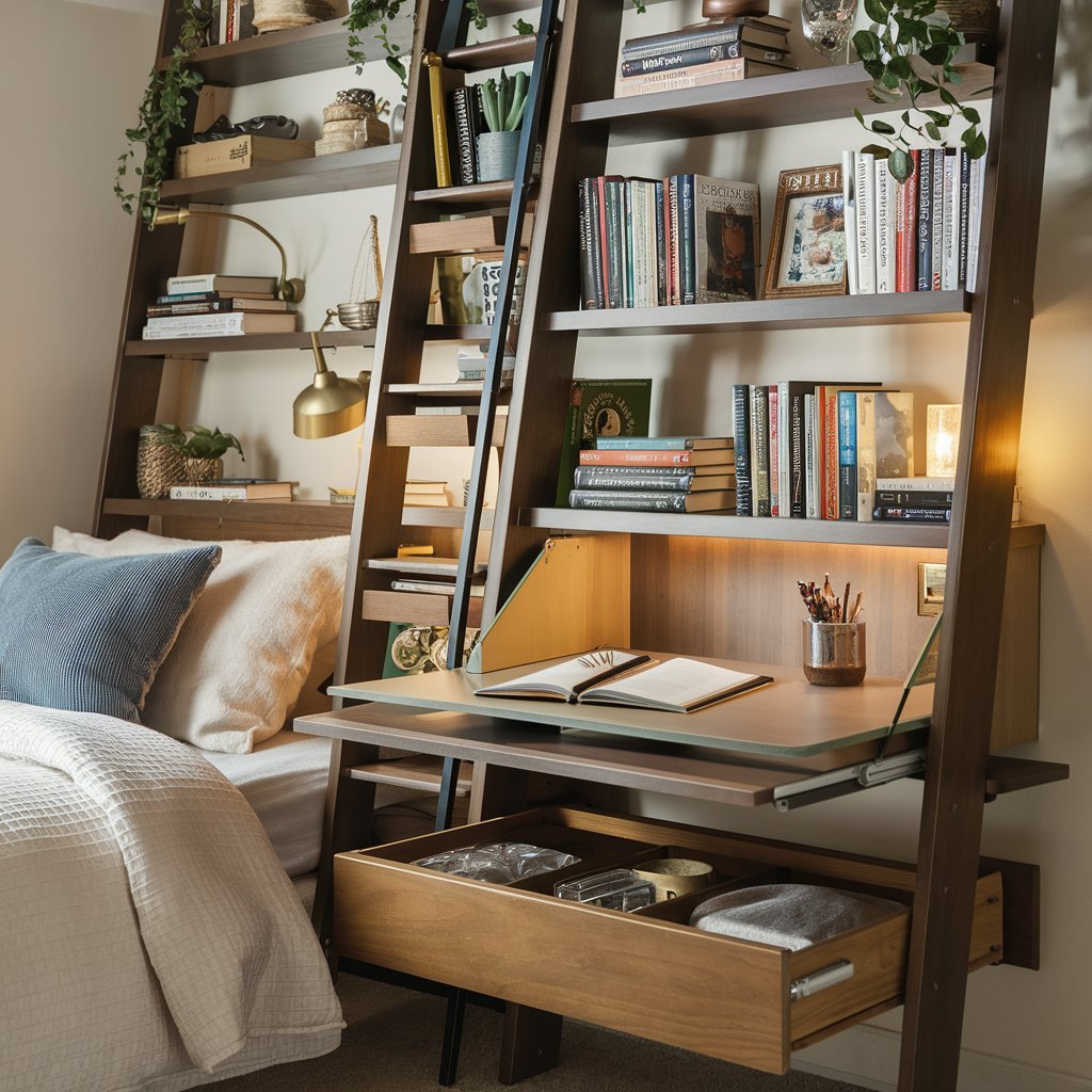 Ladder-Style Shelving with Pull-Out Desk
