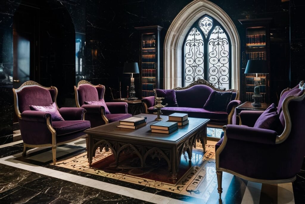 Luxurious Gothic Living Room with Velvet Upholstery
