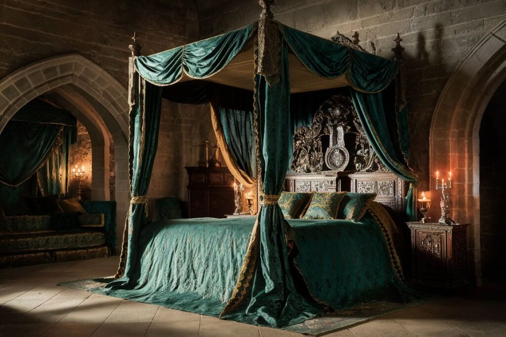 Medieval-Inspired Bedroom with Stone Walls
