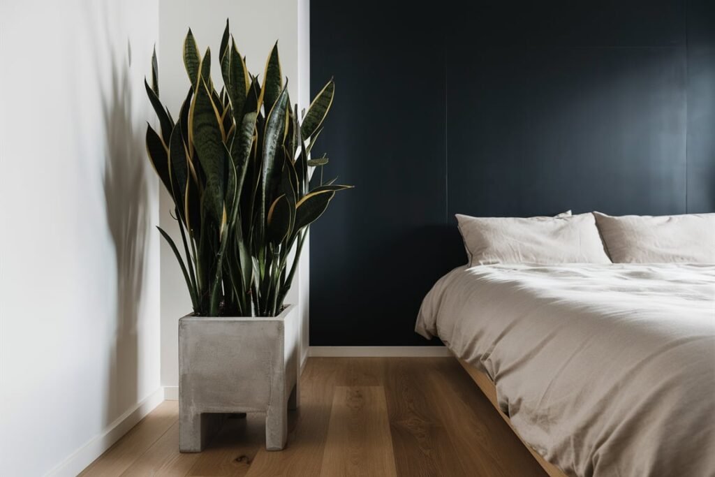 Minimalist Snake Plant Against a Navy Accent Wall
