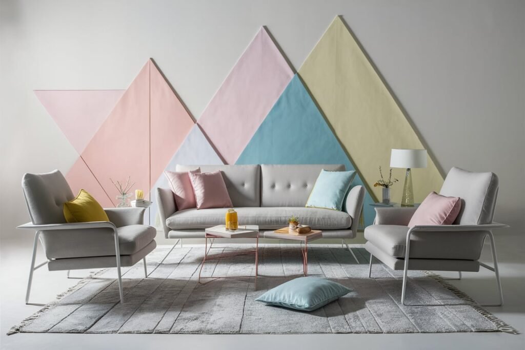 Modern Minimalist Pastel Living Room with Vibrant Accents