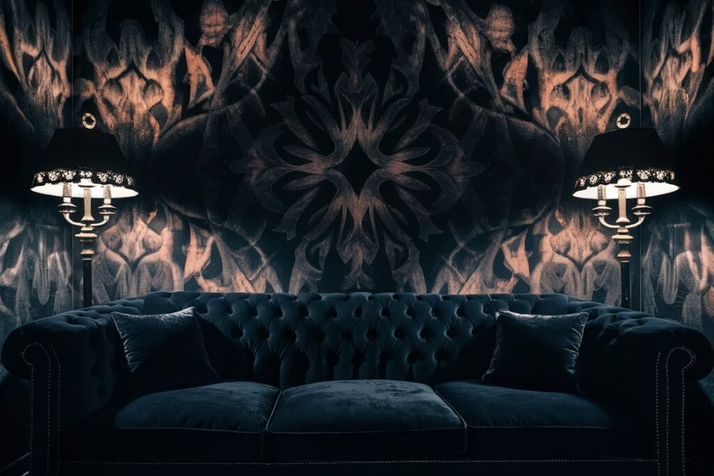 Moody Gothic Living Room with Rich Patterns