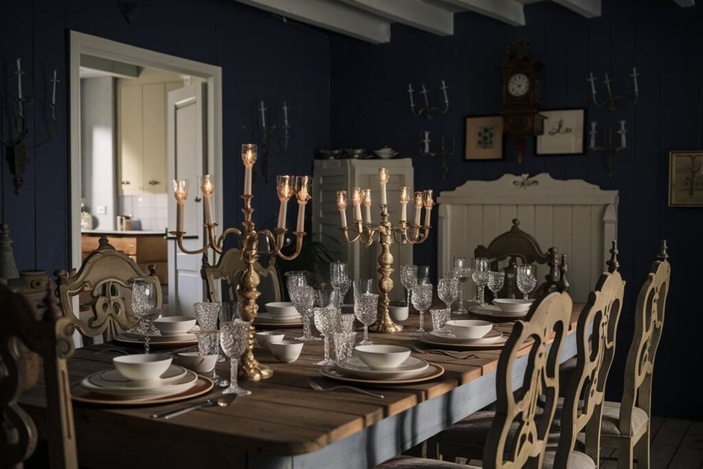 Navy Blue Dining Rooms with Artwork
