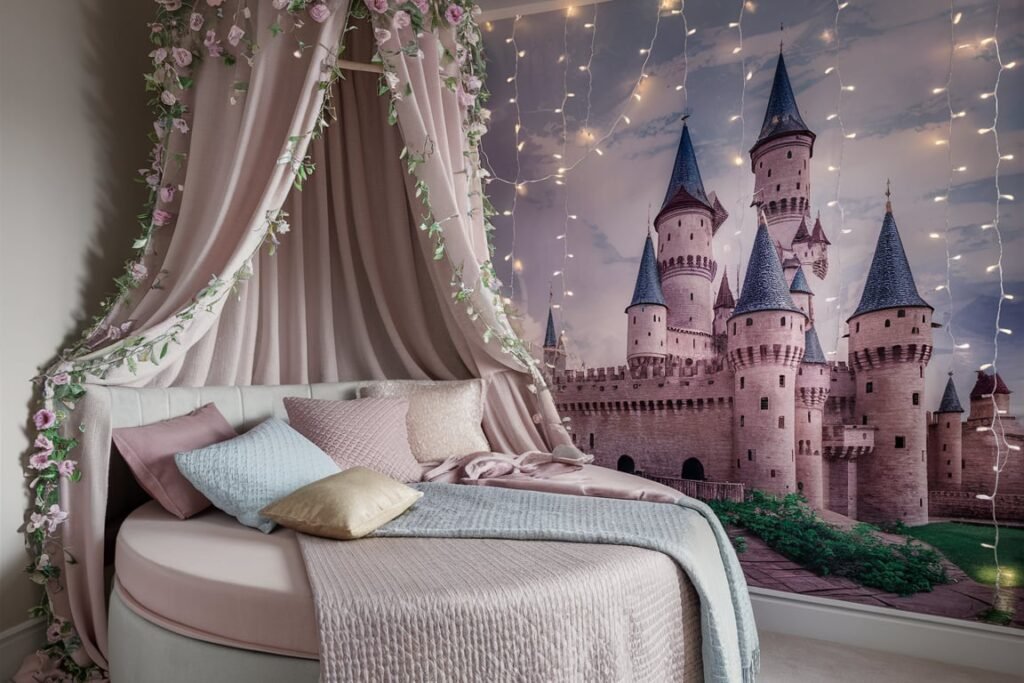 Pastel Floral Canopy Bed with Castle Mural