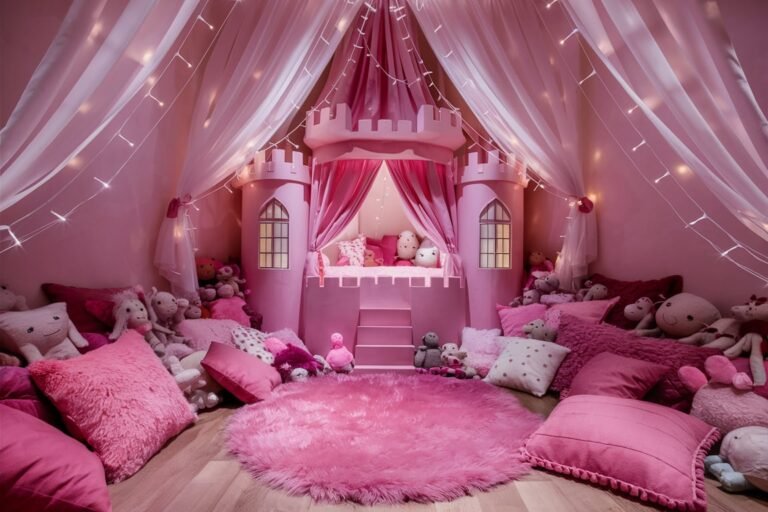 Pink Castle-Themed Bedroom with Fairy Lights