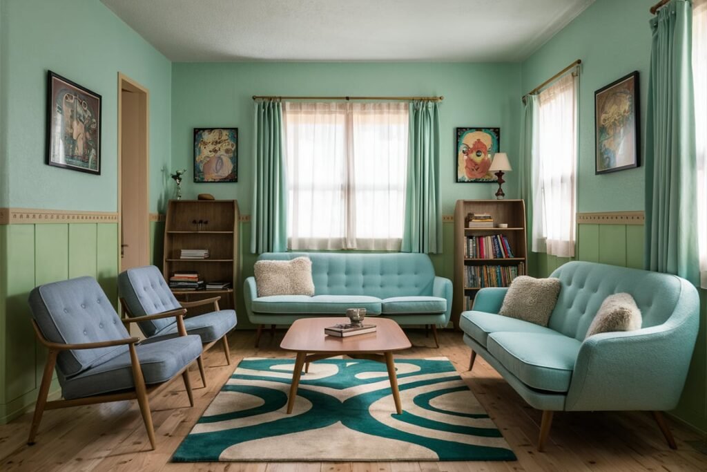Retro-Inspired Pastel Living Room with Vintage Accents