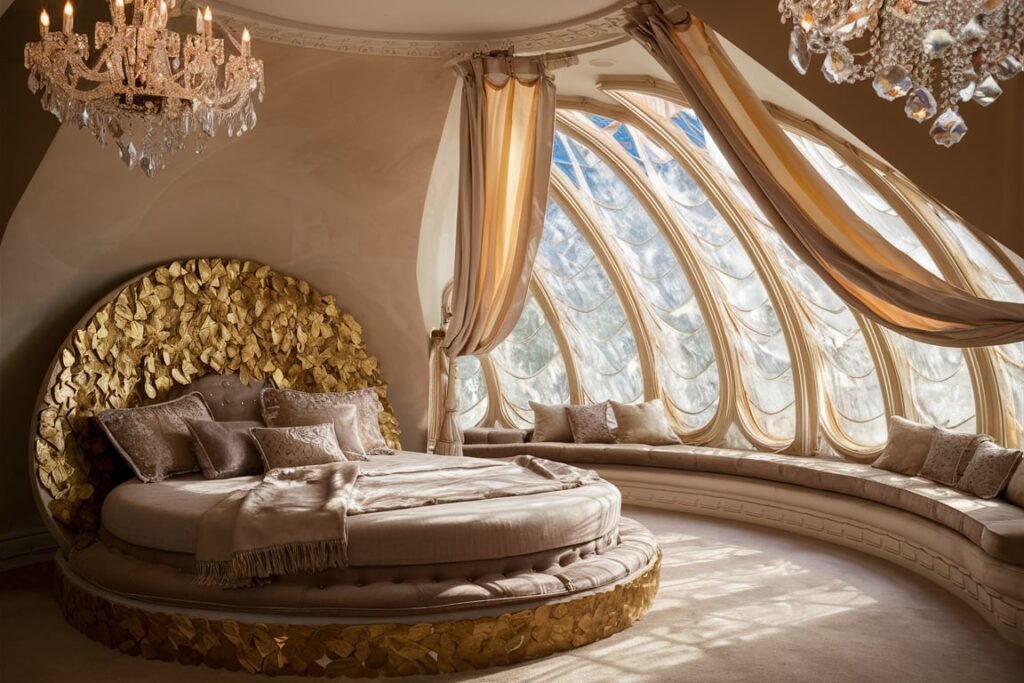 Round Bed with Gold-Leaf Headboard
