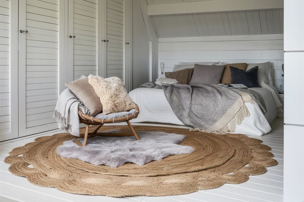 Round Jute Rug with Gray Faux Fur Accent