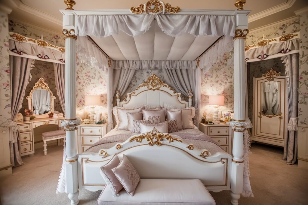 Royal Four-Poster Bed with Gold Accents
