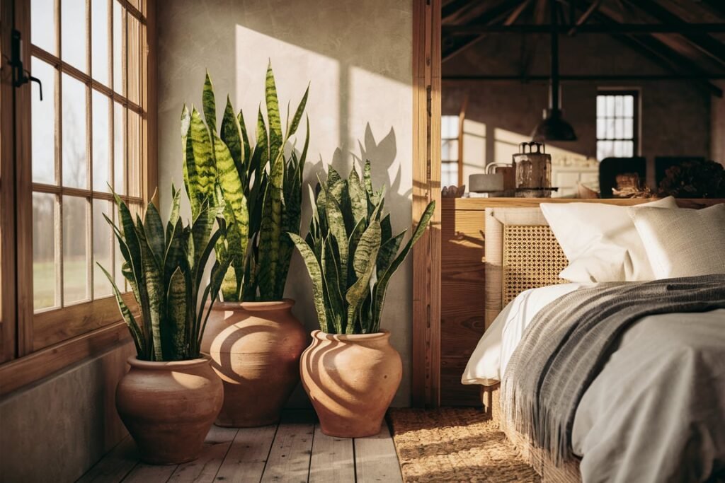 Rustic Snake Plants for Farmhouse Bedrooms
