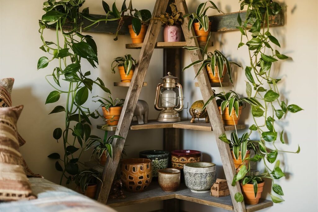 Rustic Wooden Ladder Plant Stand