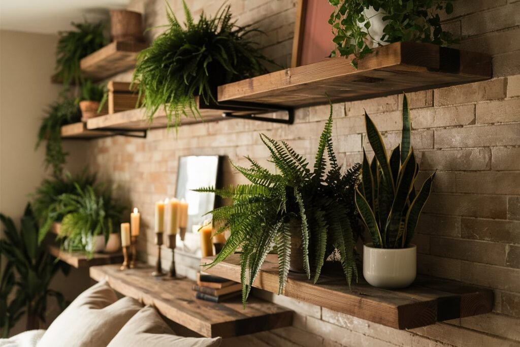 Rustic Wooden Shelves with Earthy Plants
