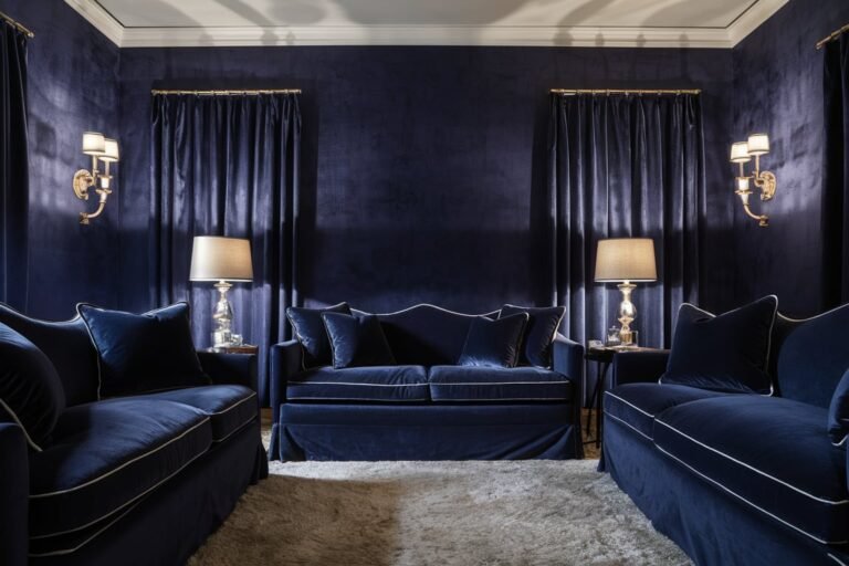 Sophisticated Navy Blue Living Room with Luxurious Textures