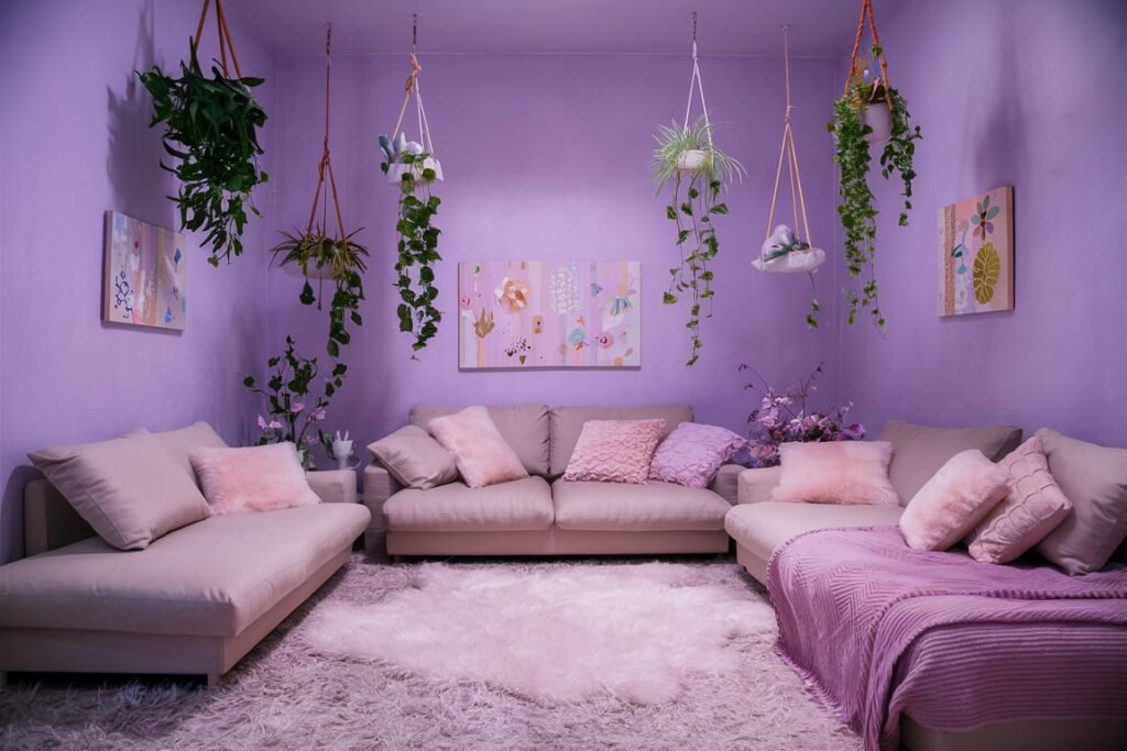 Whimsical Light Purple and White Pastel Living Room